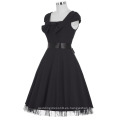 Grace Karin Manga Cuadrado Cuadrado Cuello Alto Estiramiento Negro Vintage Retro Vestido CL008951-1